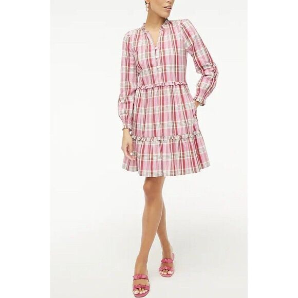 J.Crew Factory Ruffle Trim Pink Plaid Mini Dress Size 16 Prairie Cottage Modest - Picture 1 of 16